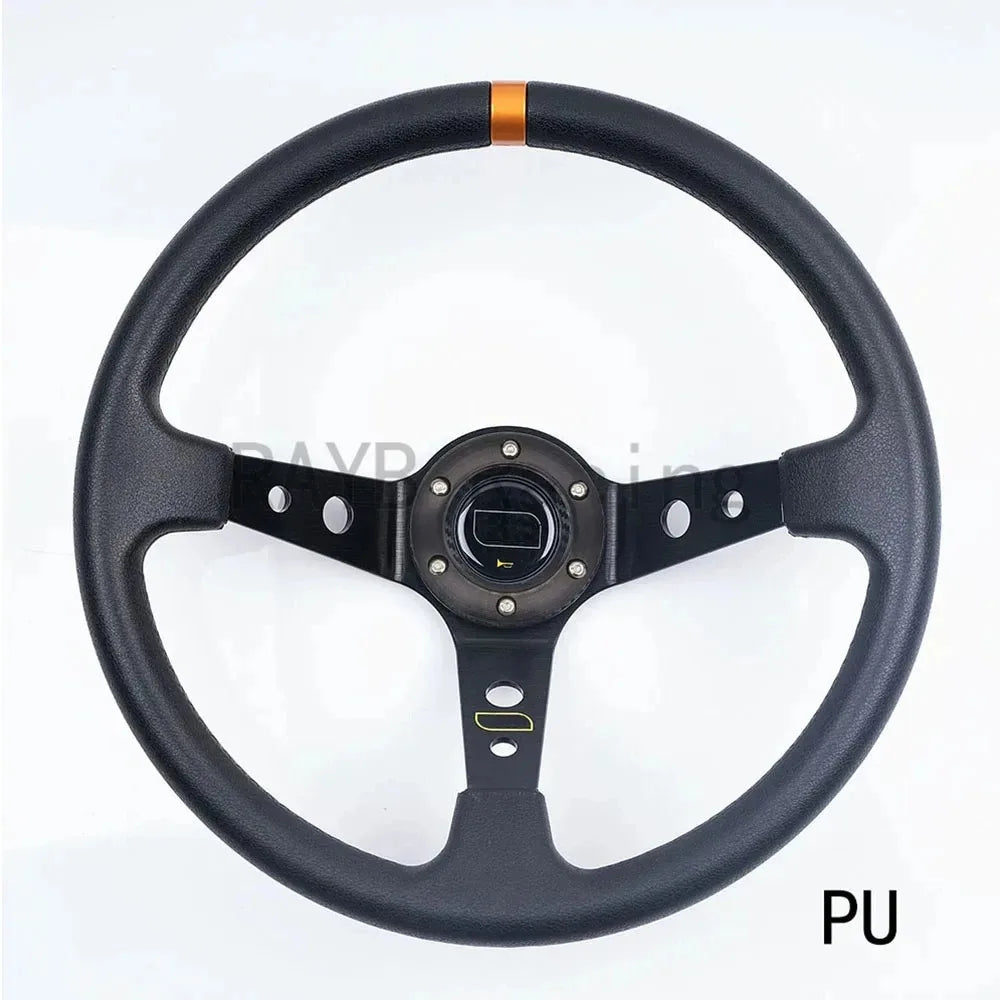 "Universal 14-inch deep racing steering wheel with suede/PVC/PU grip and aluminum frame, labeled as BMW drift sport style."