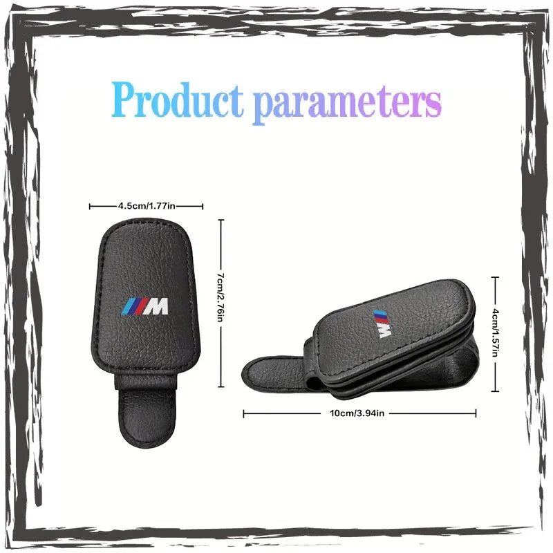 Black leather magnetic clip for BMW sunglasses, featuring a blue and white logo.