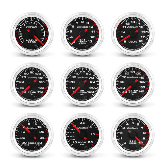 'Car gauge set in vector style: 7 colors, water/oil temp, air/fuel. Fits performance dash kits. Not a toy.'