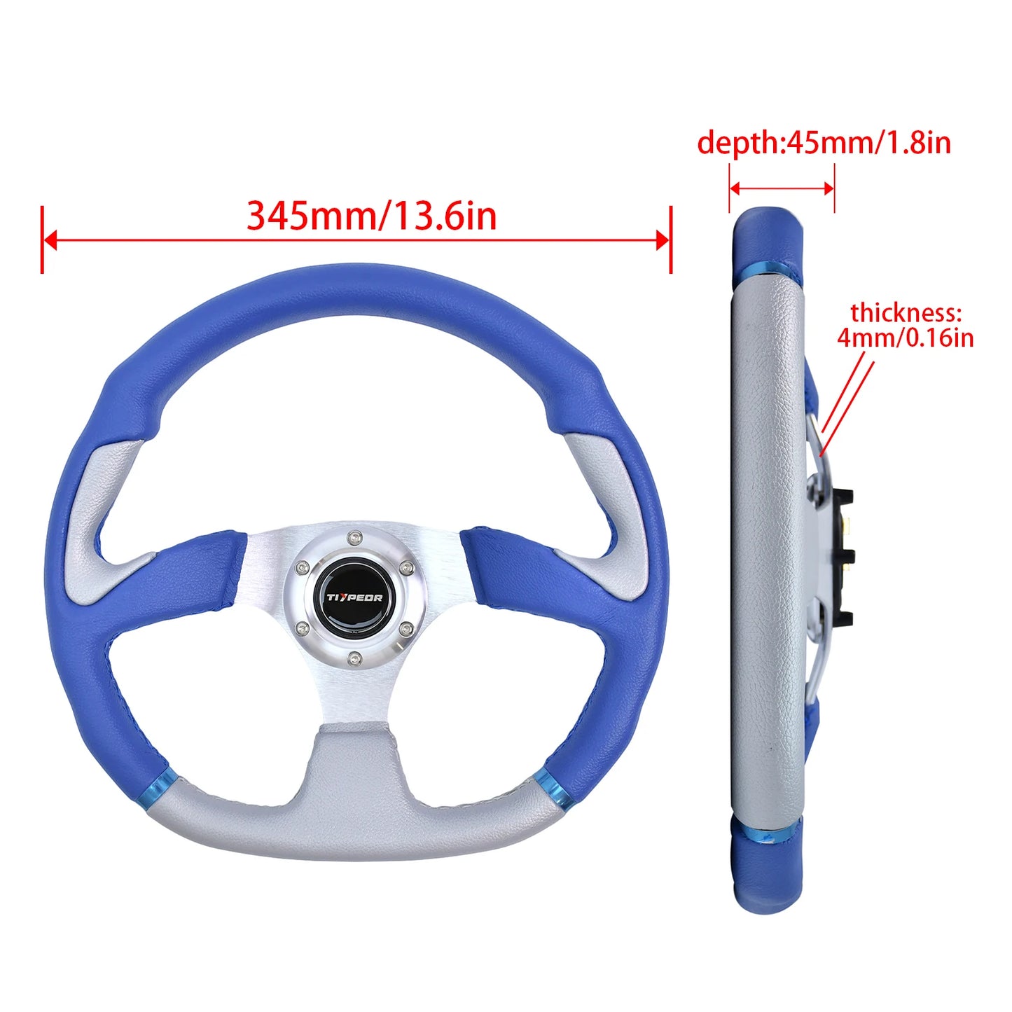 Blue leather/white spokes racing wheel on Tiypeor 2025 model car. High-performance steering accessory. Dimensions: ⌀345mm. Fi
