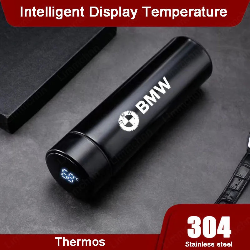 "BMW M Thermos Bottle: 500ML stainless steel travel cup with temperature display."