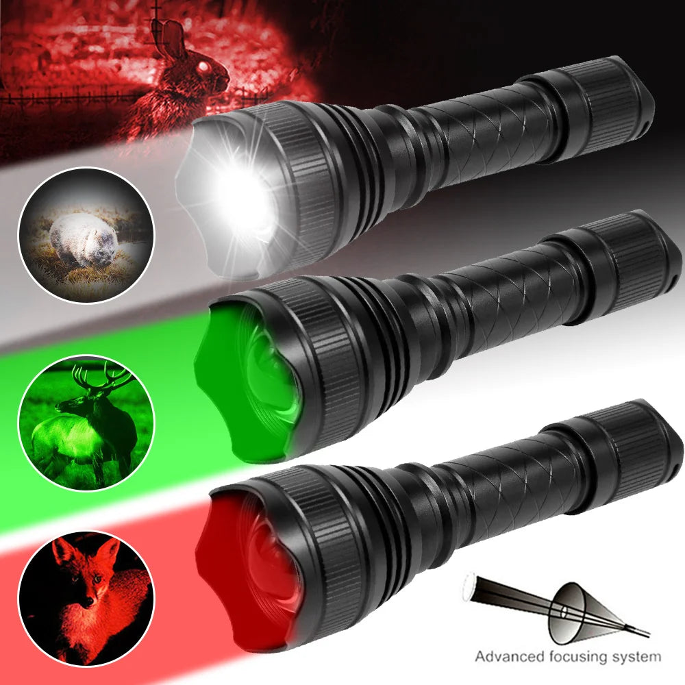 USB-recharged T21 tactical flashlight: 500-yard green-red beam with optional laser focus.