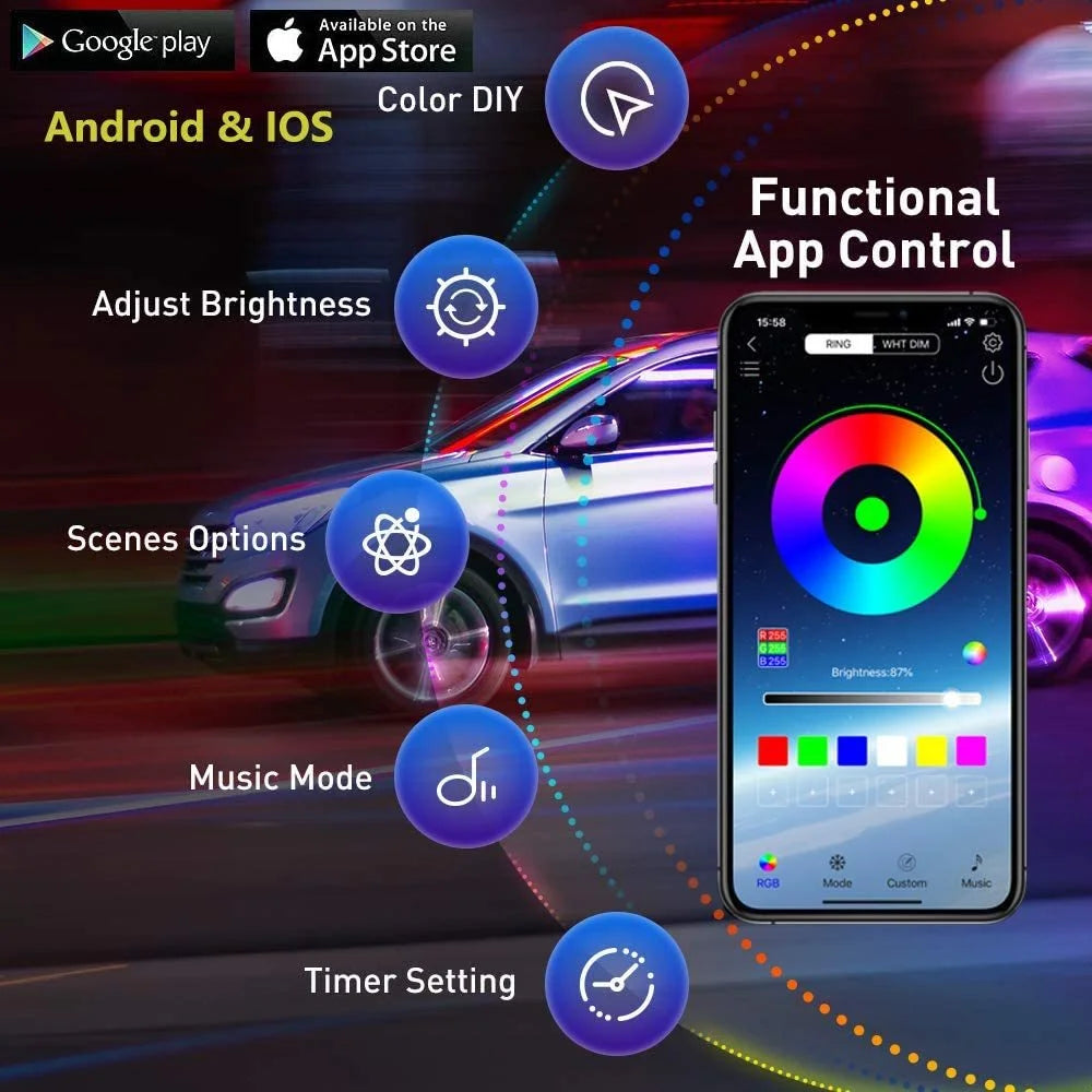 "RGB Car Underglow Neon Lights - LED Strip Kit with app control and remote. Shown: App interface on a smartphone."