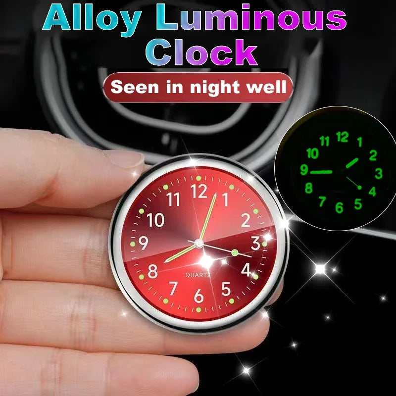 Person holding small, glowing car dashboard clock for sale - fits 3166x480mm gauges. Sleek design, easy peel stick-on. Measur