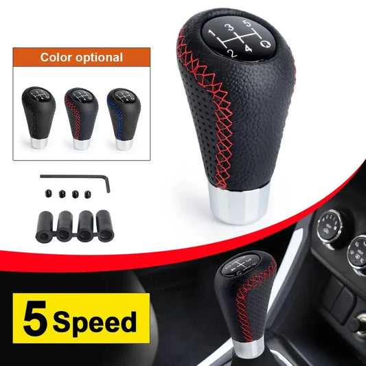 'Red-stitched leather gear knob for 5-speed manual cars. Fits most makes. Upgrade your interior.'