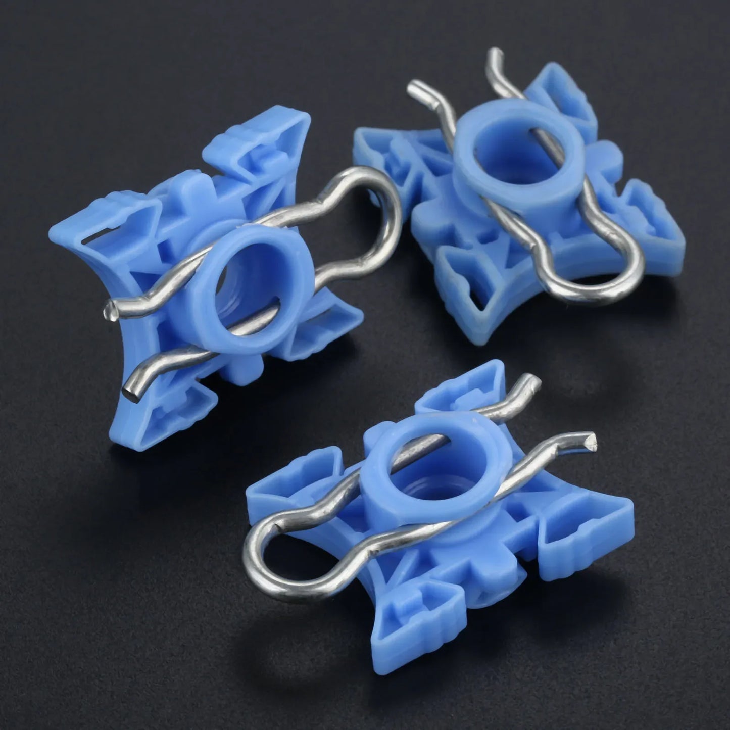 "BMW E36 Window Regulator Clip Set (10pcs): Includes 4 sets of blue plastic clips."