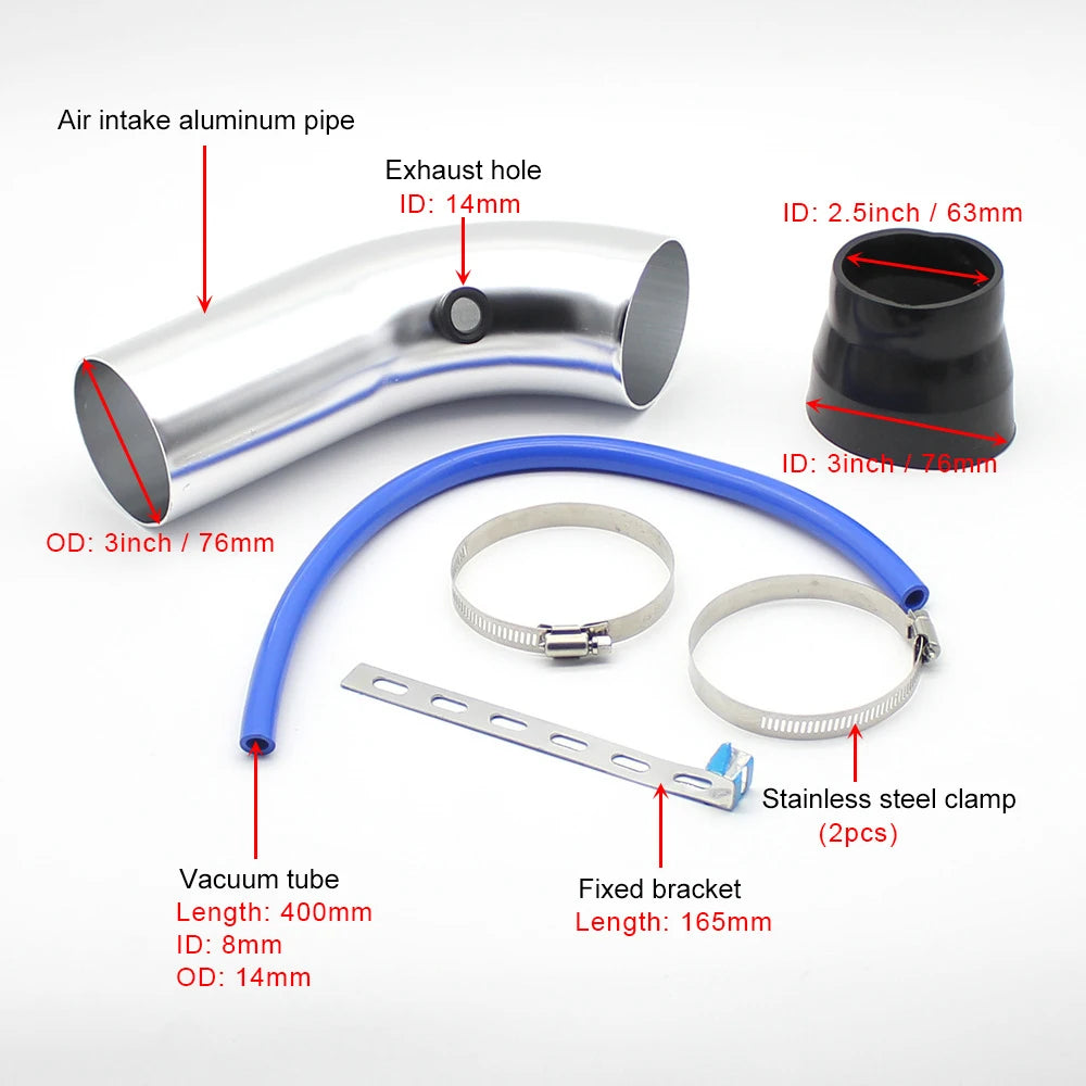 "76mm Winter Cold Air Intake Kit: Mushroom filter and alloy pipe connection to turbo engine."