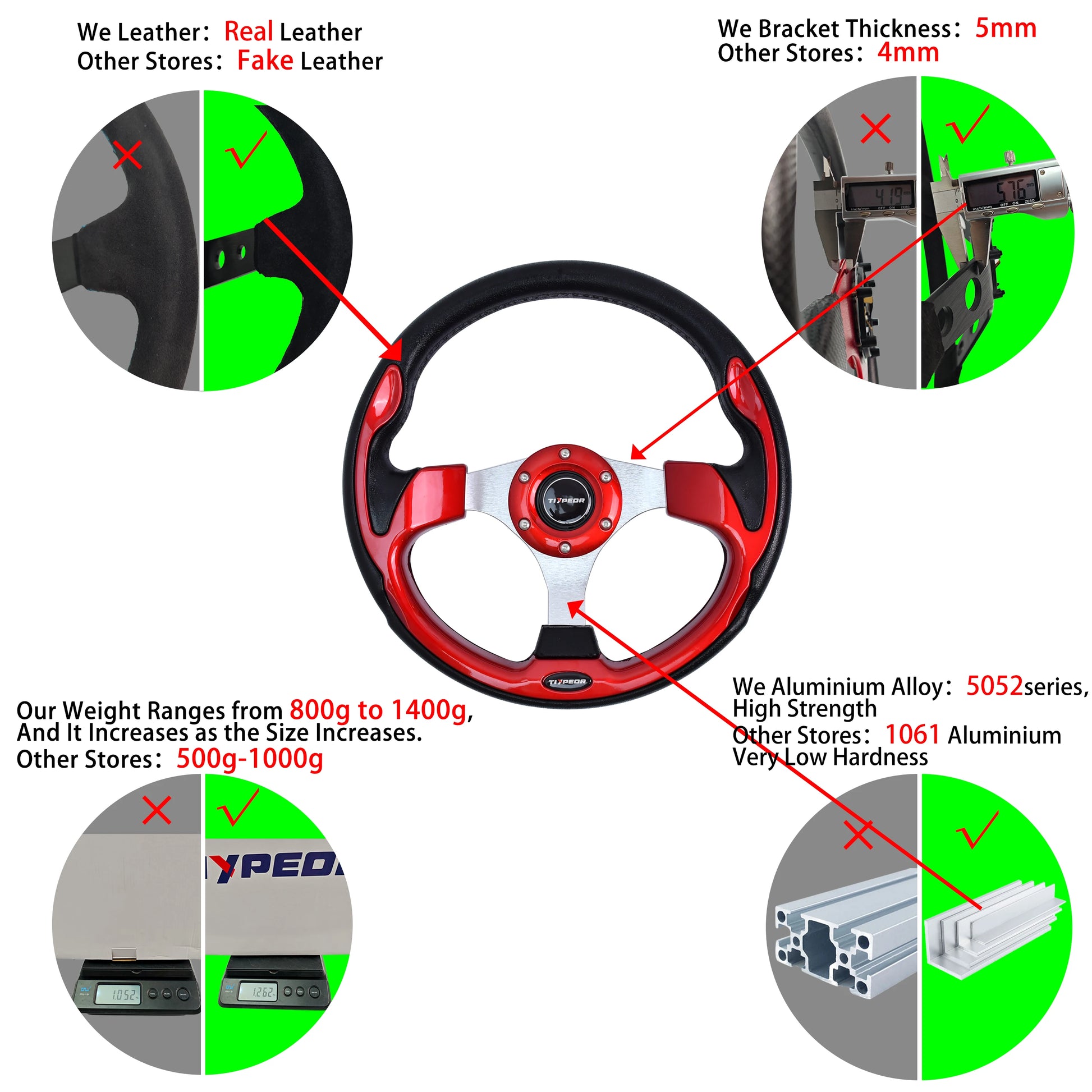 13-inch universal fit racing style steering wheel with red leather grip and black spokes.
