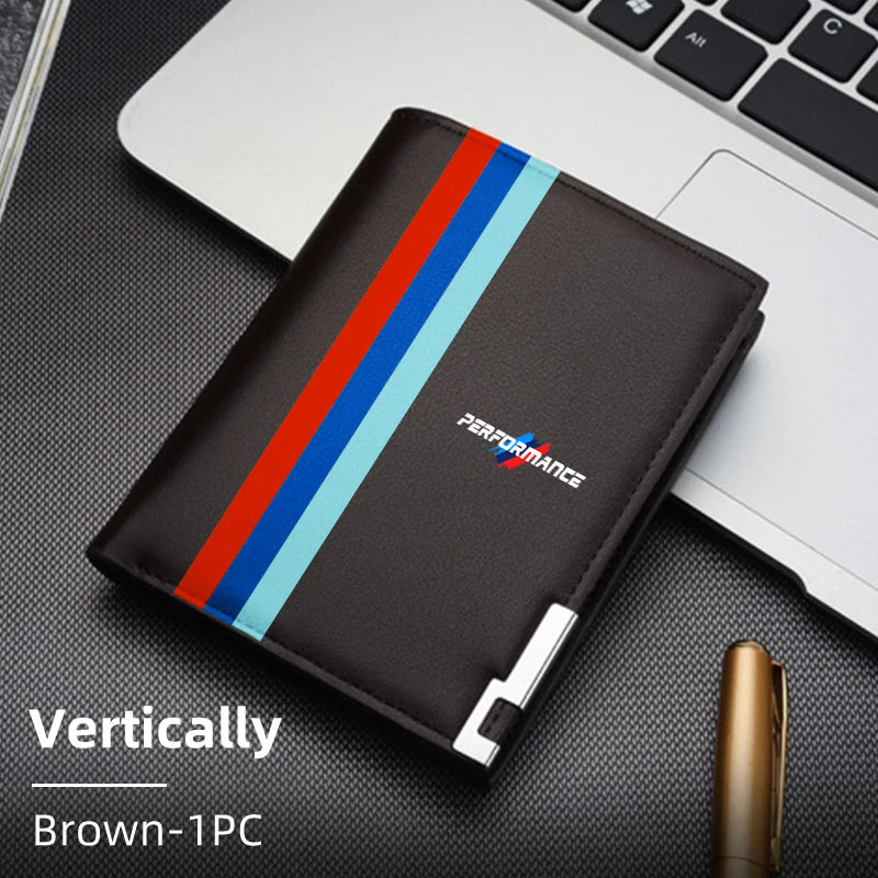 "BMW E36 E46 Leather Car Wallet: Shows open wallet with credit cards, contrasting against closed laptop."