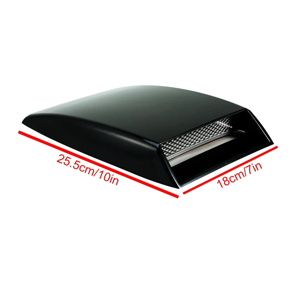 Black plastic mailbox-style air intake hood vent with red accent line. Fits various makes and models. Car engine trim accesso