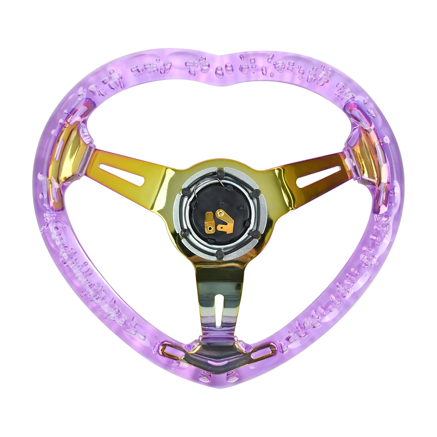 'Gold-accented 350mm acrylic wheel in multi-color, fits standard 170mm hubs. Decorative or for track display.'