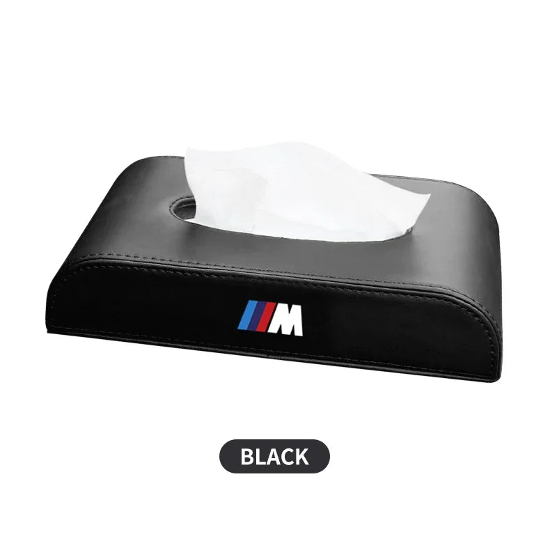 "BMW-branded leather tissue box holder for select models: E36, E39, E46, and E90."