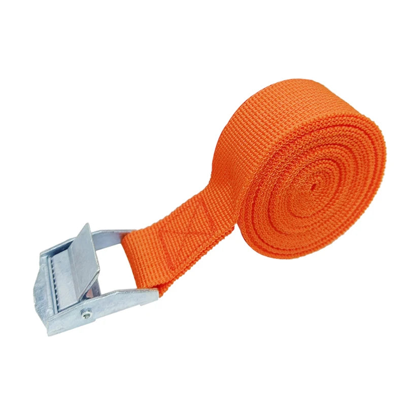 Orange webbed cargo strap with metal hook.

Or an alternative version:

Heavy-duty cargo strap featuring a metal hook. (If th