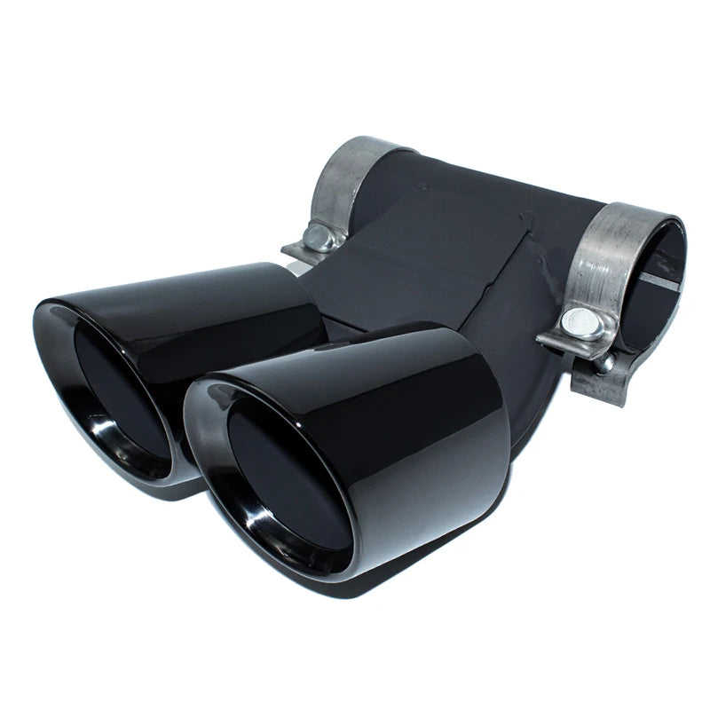 "Black exhaust tip covers for Porsche Cayman and Boxster models (987/981/718) from 2009-2024, featuring dual outlets."