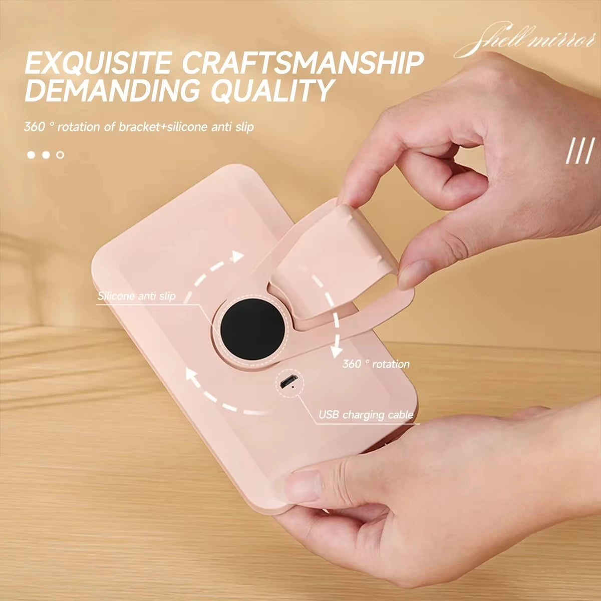 Person holding pink phone case against mirrored car visor, showing case size. No branding or accessories in frame.