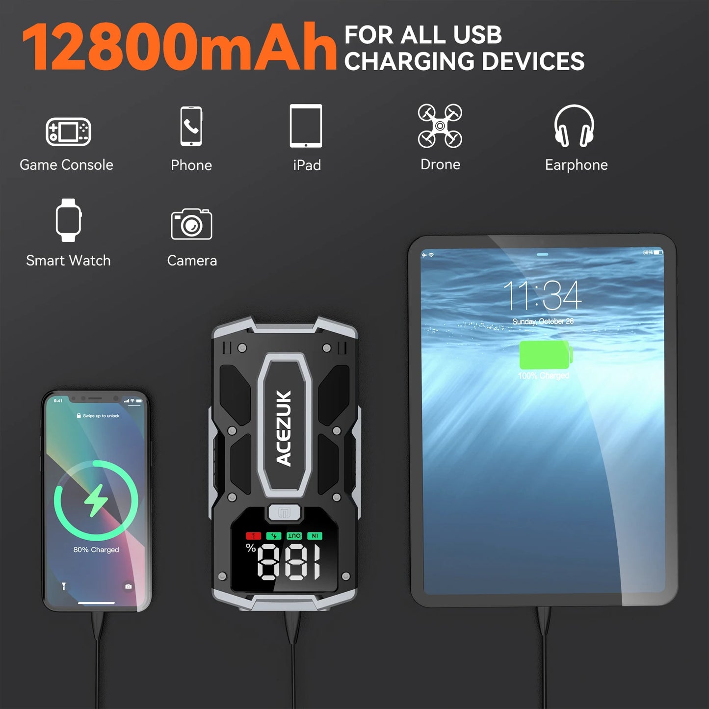 12800mAh 3000A Car Jump Starter Power Bank - JustUsRacers