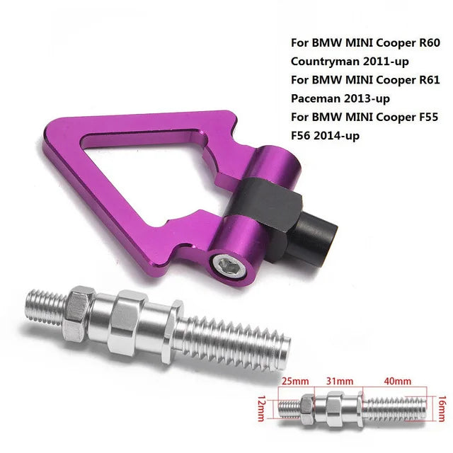 Universal aluminum tow hook for BMW E46, E36, E30, E90 models. Includes screw attachment.