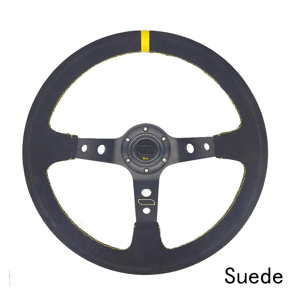 "14-inch universal racing steering wheel with suede/PVC/PU grip and aluminum frame, modeled after the Porsche style."