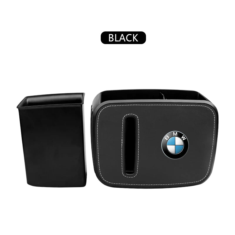 BMW branded black leather tissue box and cup holder organizer for E36 and E46 models.