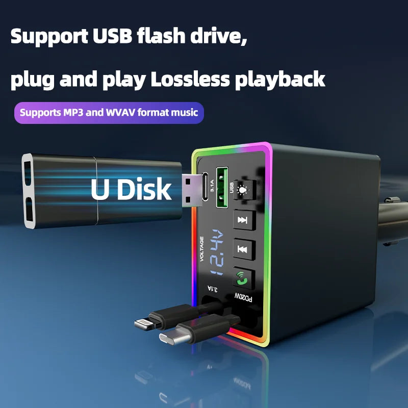 Bluetooth FM transmitter with fast charge and retractable cable - 4-in-1 USB connectivity. Improve car audio wirelessly.