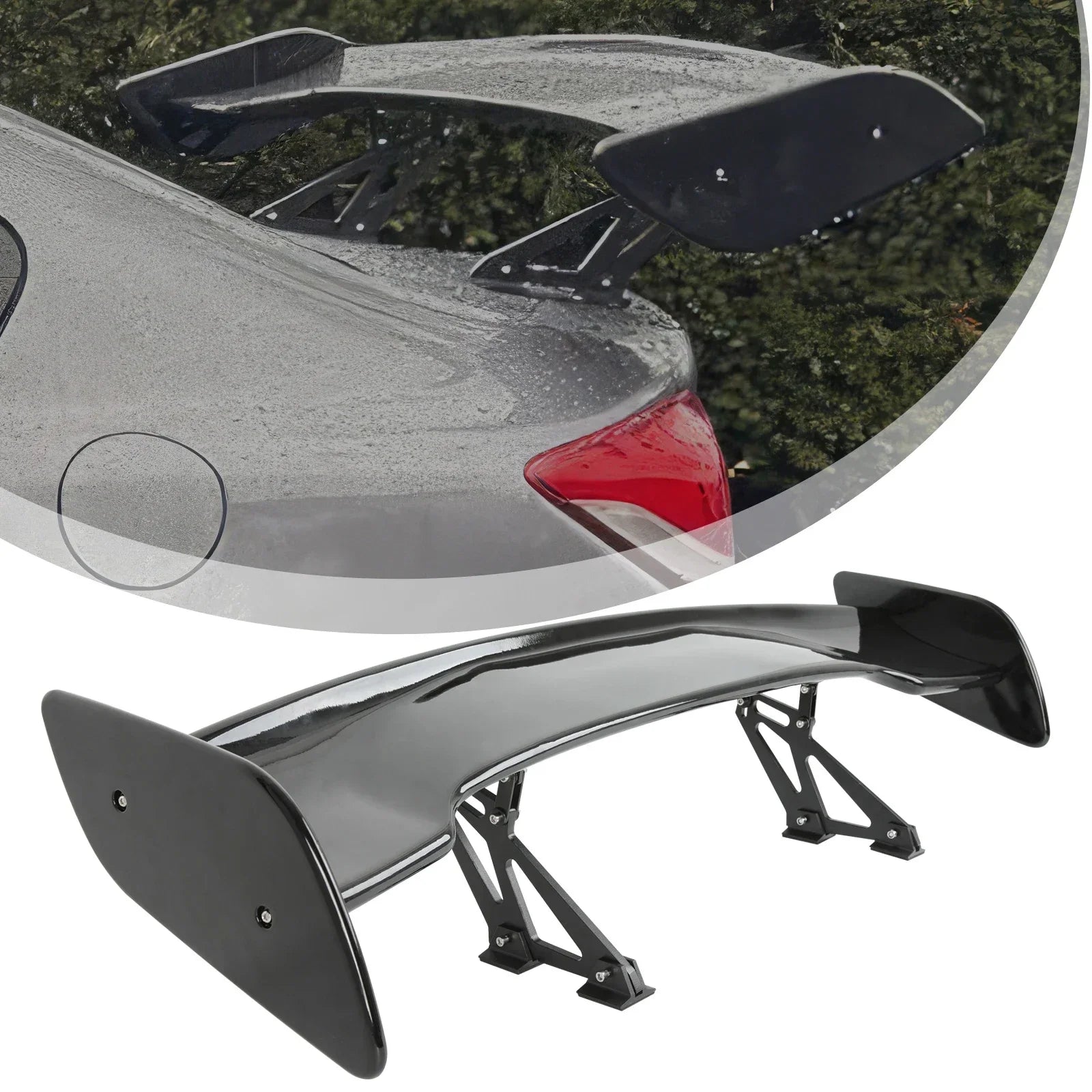 Matte black universal GT-style rear spoiler (116cm) for sedans - protects against rain and wind.