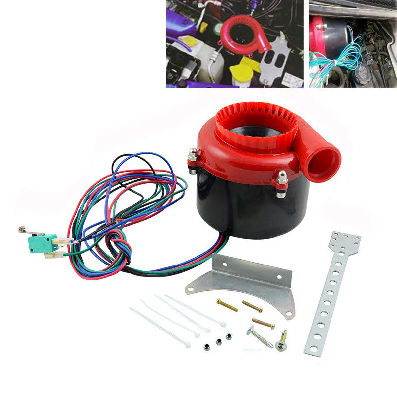 Red and black blow-off valve simulator with handle and blue hose (12V).