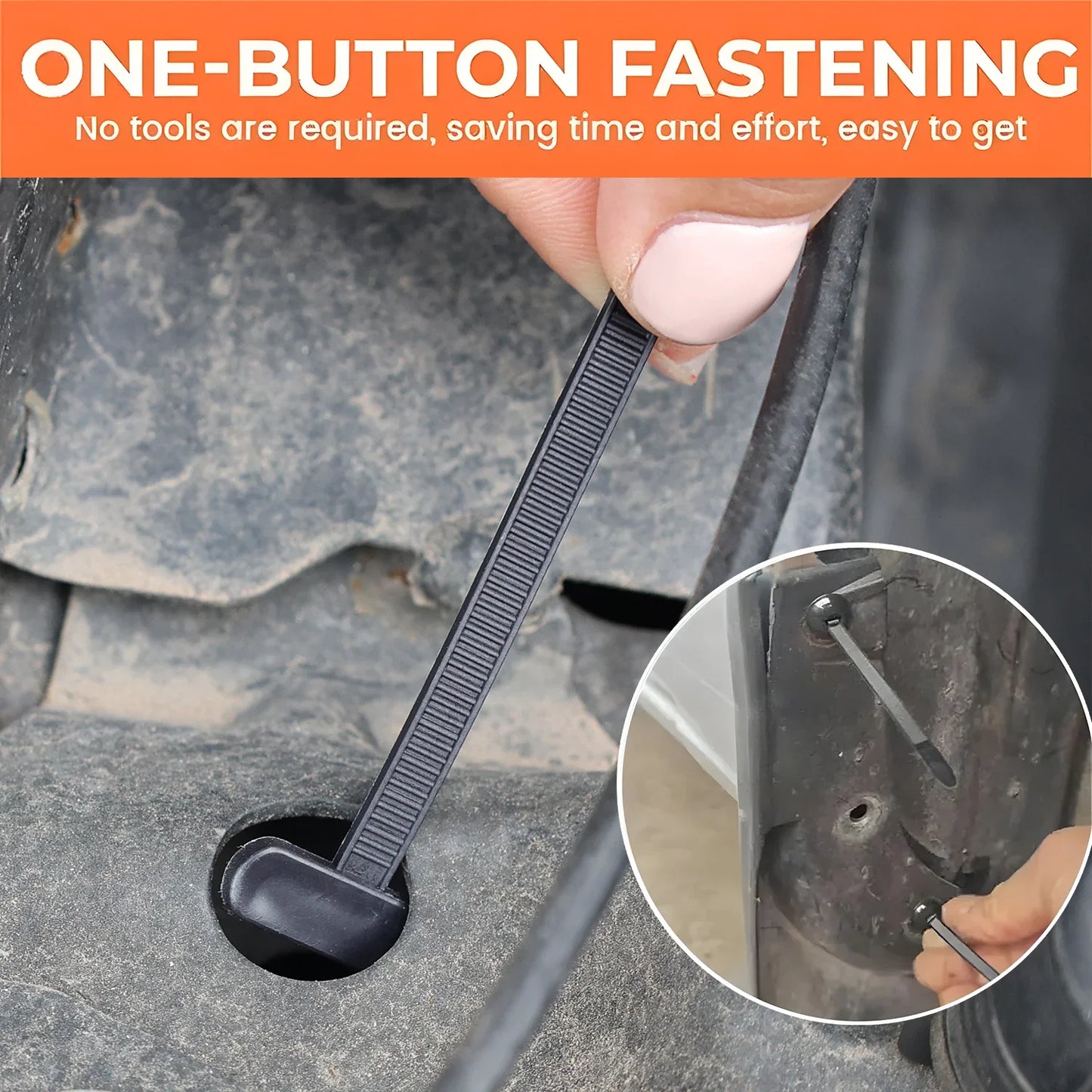 Reusable nylon cable tie with quick-release button – no tools needed. Easy fastening in seconds.