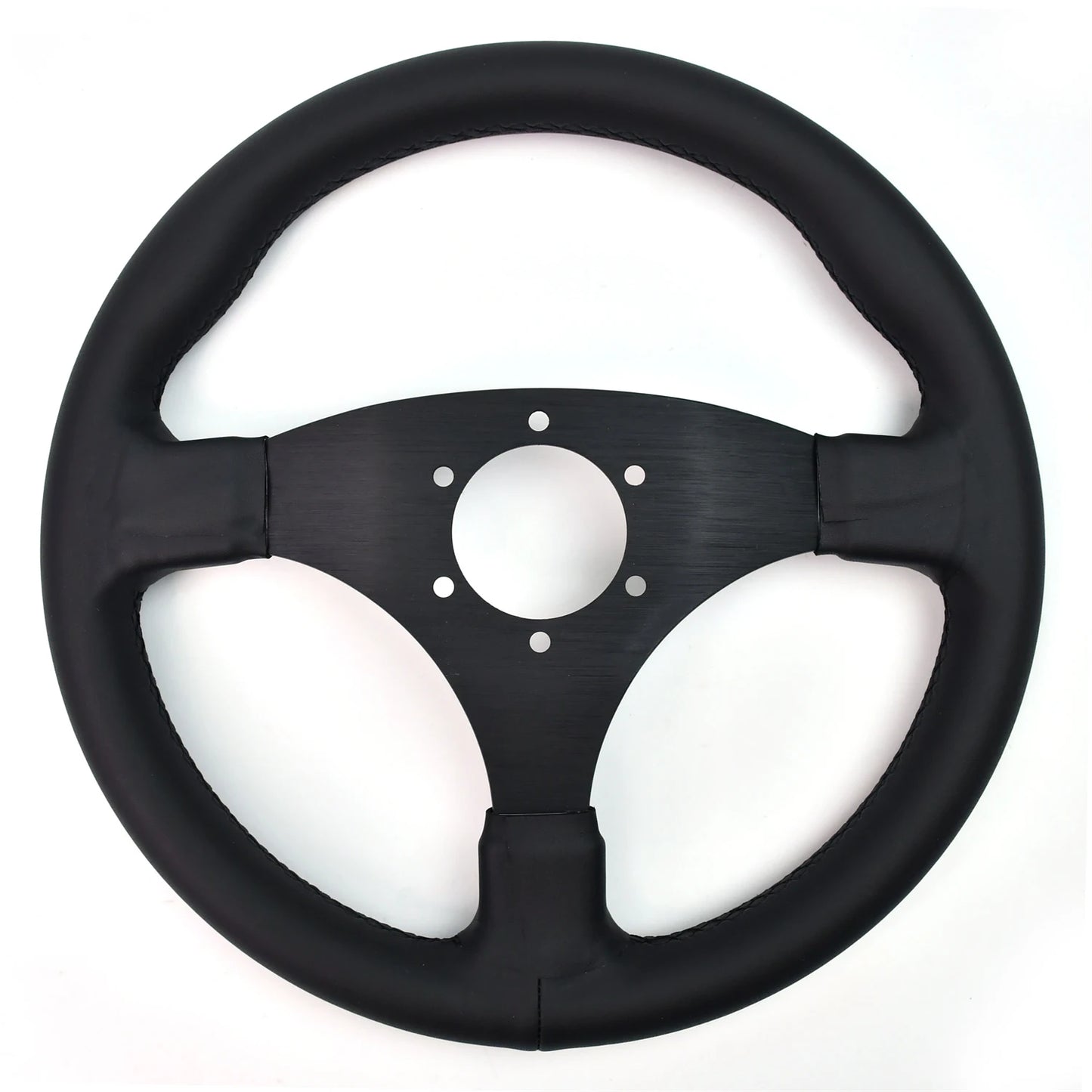 'Black leather automotive steering wheel with matching spokes - superfine grain detail.'