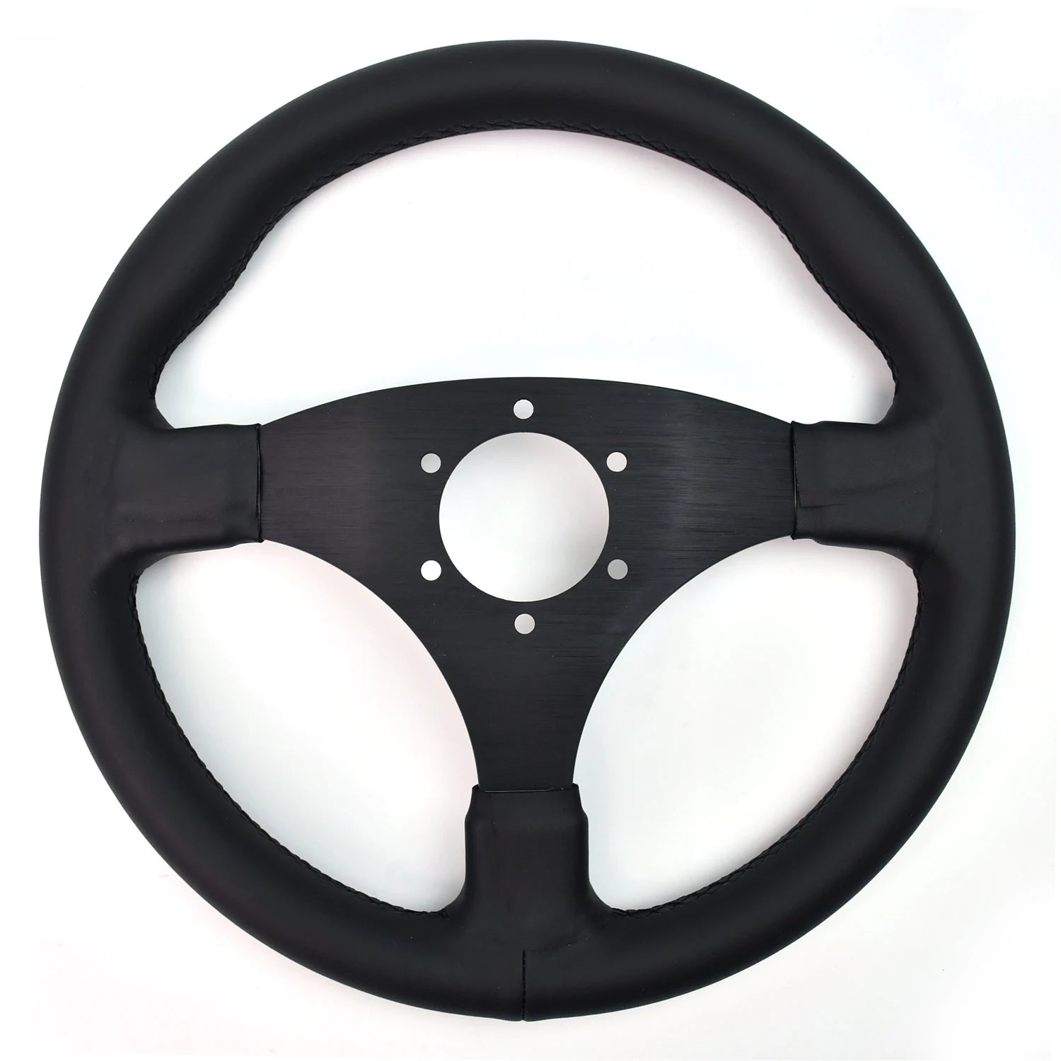 'Black leather automotive steering wheel with matching spokes - superfine grain detail.'
