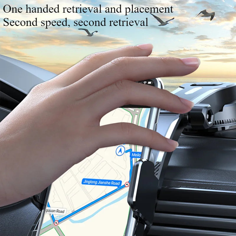 'Car phone holder with suction cup. Person using GPS device for navigation in vehicle.'