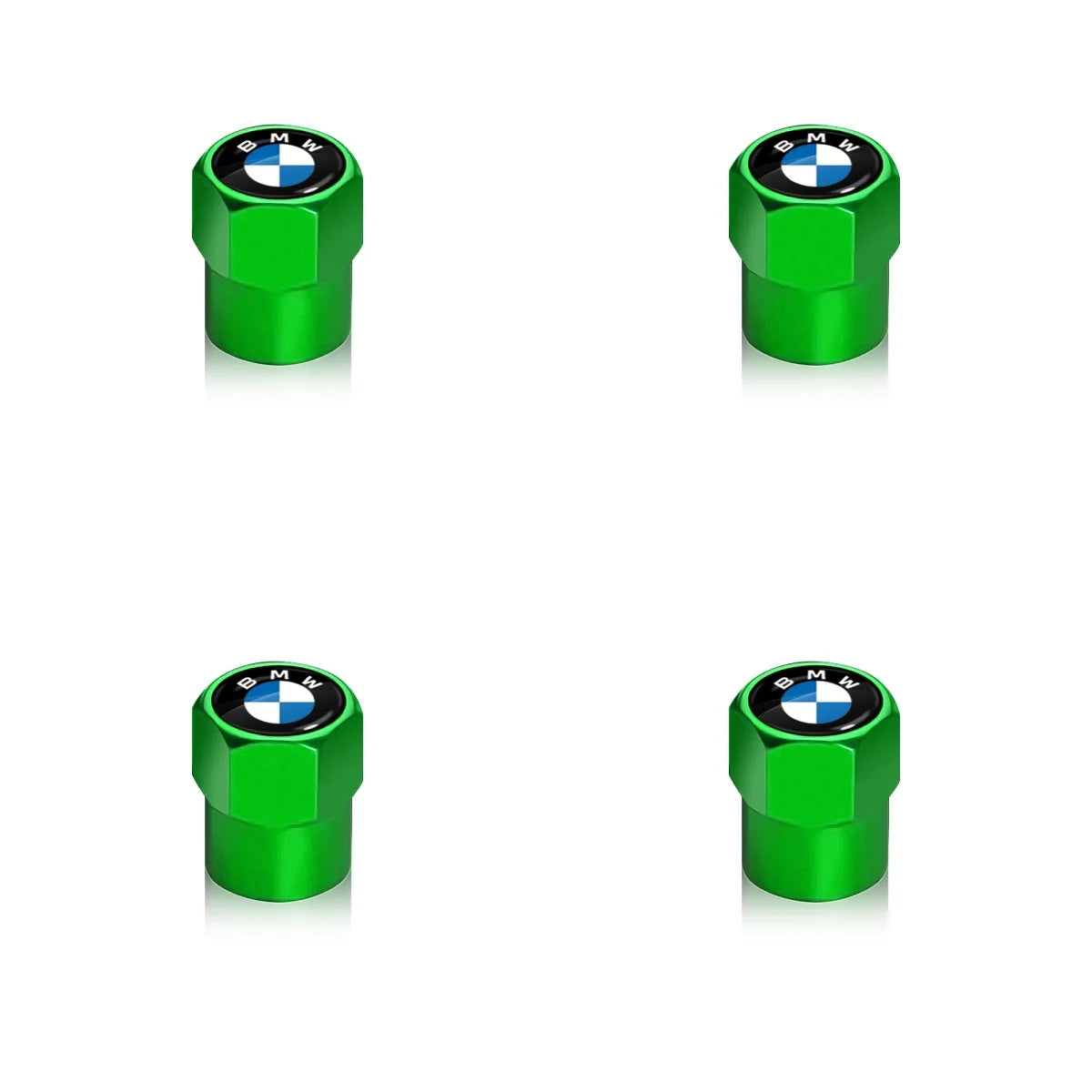 Four eco-friendly BMW M logo tire valve stem caps in set.

Or, if more specificity is needed:

Four green BMW M logo tire val
