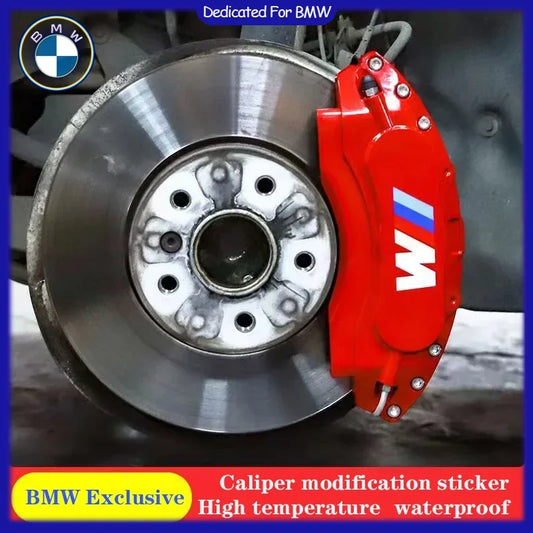 "Heat-resistant brake caliper stickers for BMW vehicles (6 pack included)."