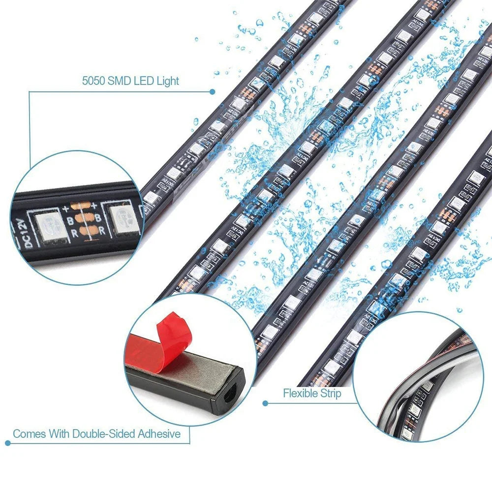 Three USB-powered neon LED strips in kit (120x150cm each), compatible with iPhone and controlled via app and remote.