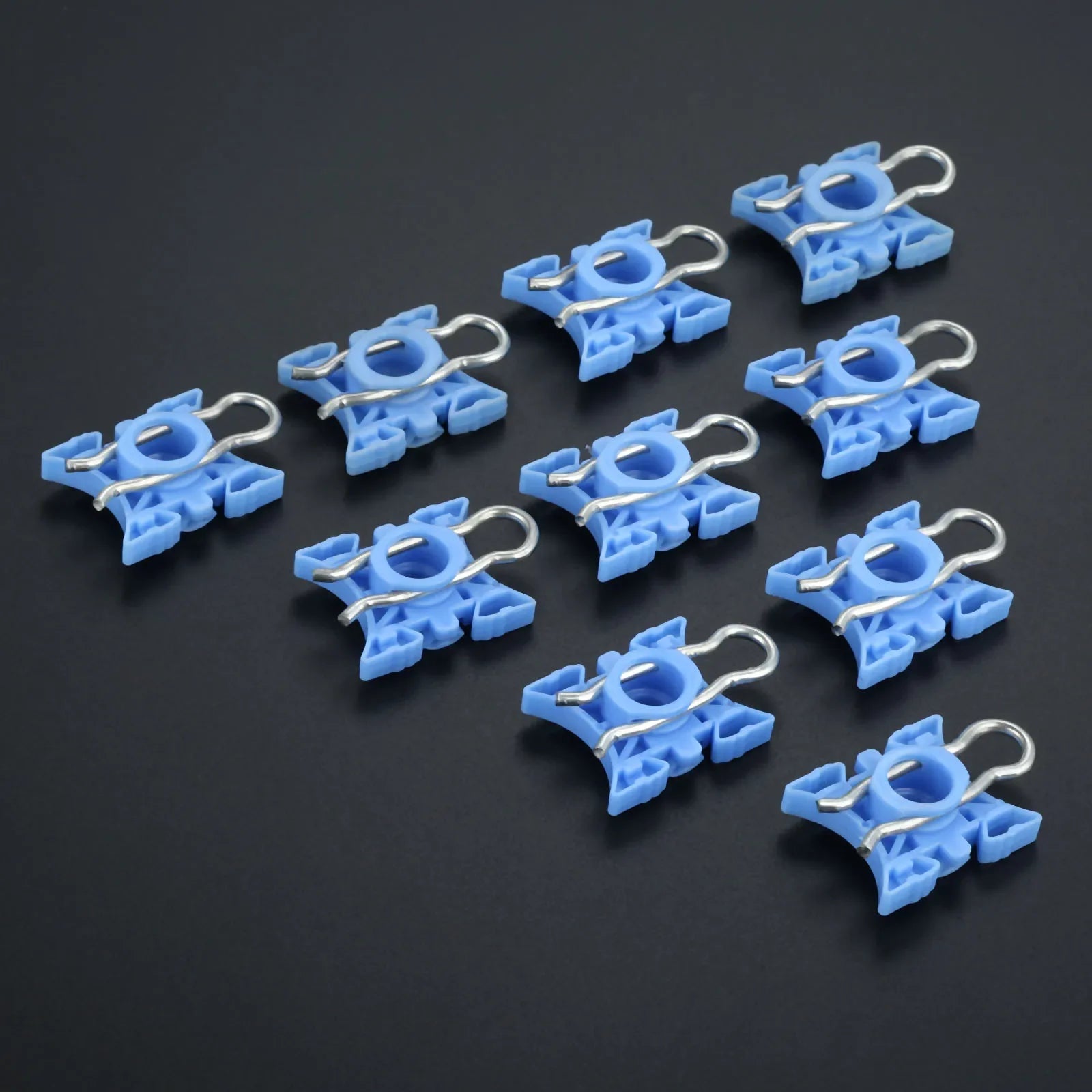 "BMW E36 Window Regulator Clip Set of 10 pieces in blue plastic."