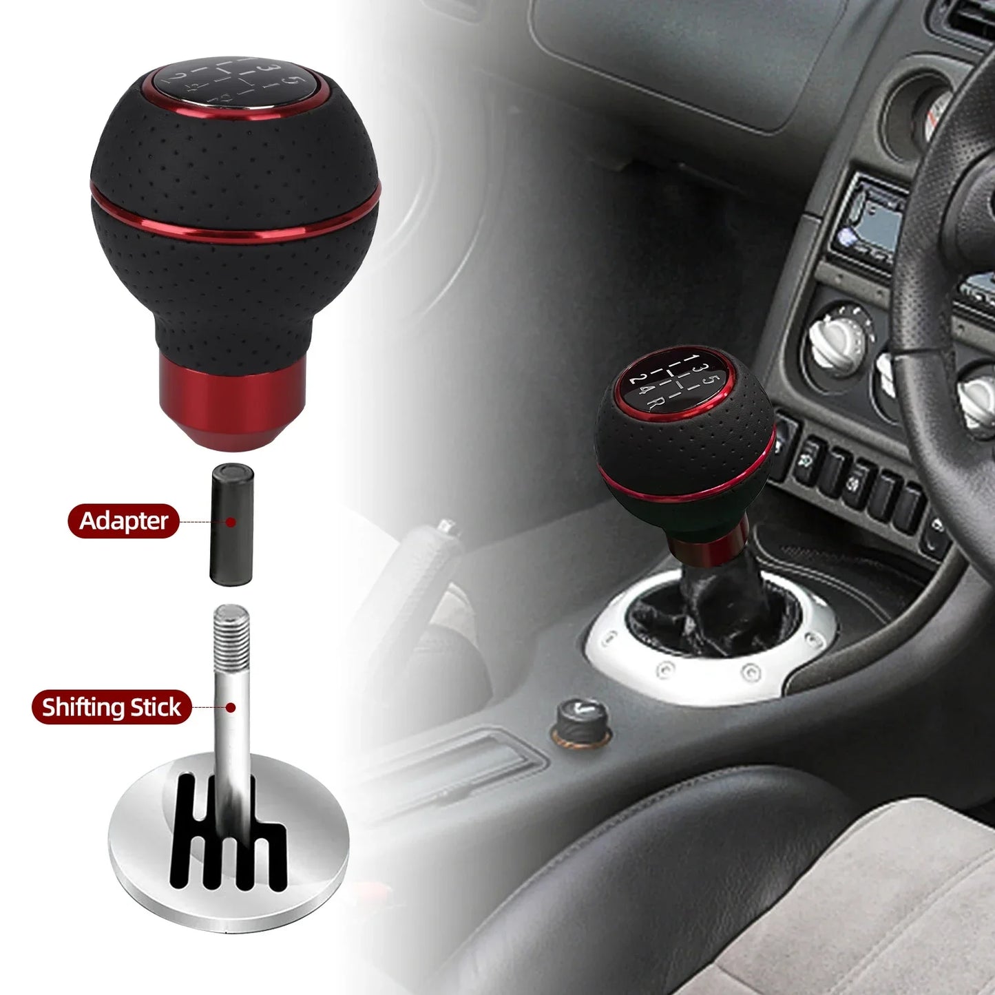 Aluminum gear shift knob on car dashboard. Fits M8/M10/M11/M12. Accessory upgrade for cockpit refresh.