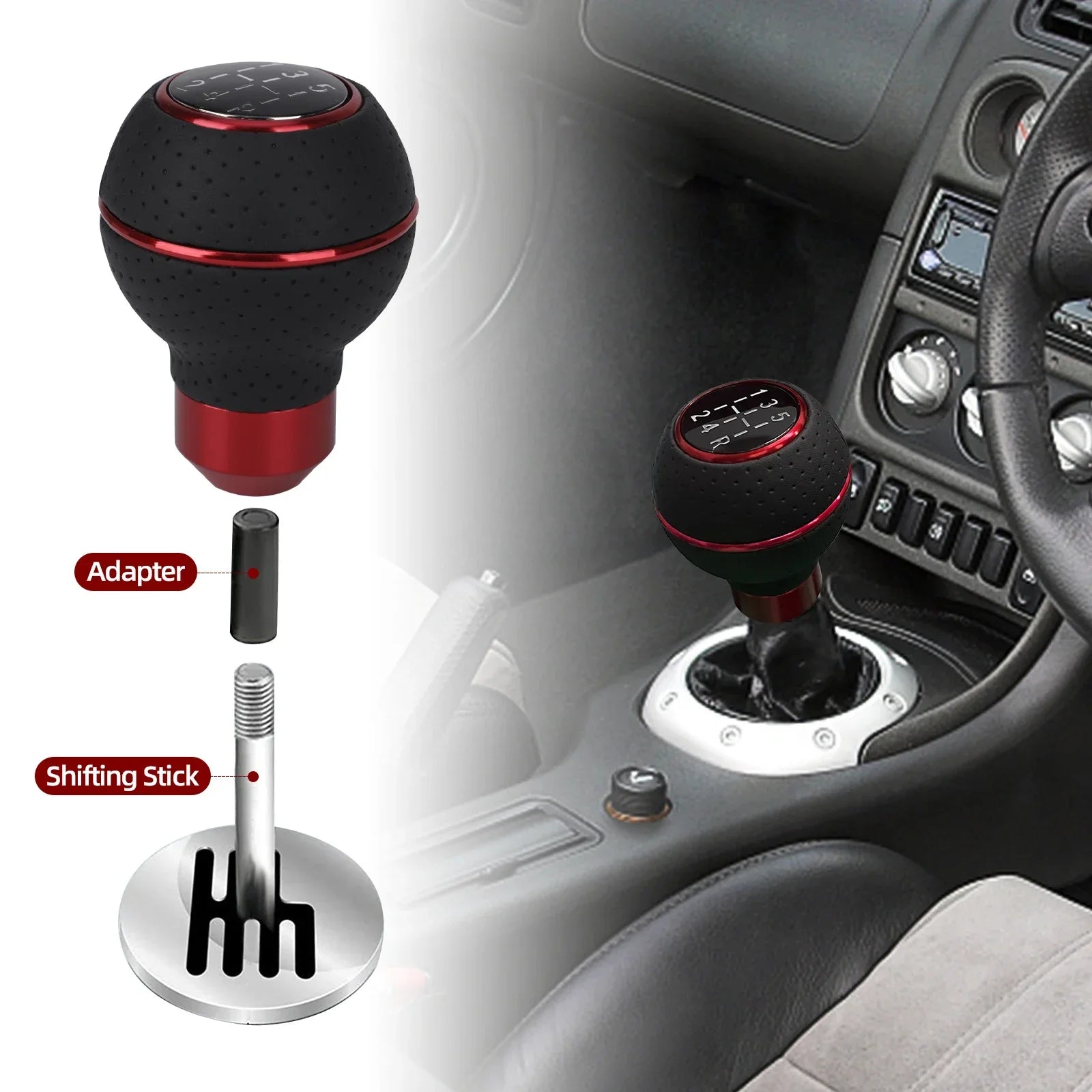 Aluminum gear shift knob on car dashboard. Fits M8/M10/M11/M12. Accessory upgrade for cockpit refresh.