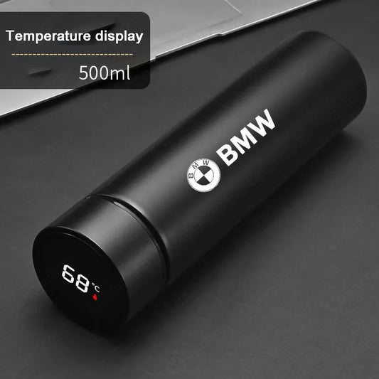 Black 500ML stainless steel travel cup with temperature display.