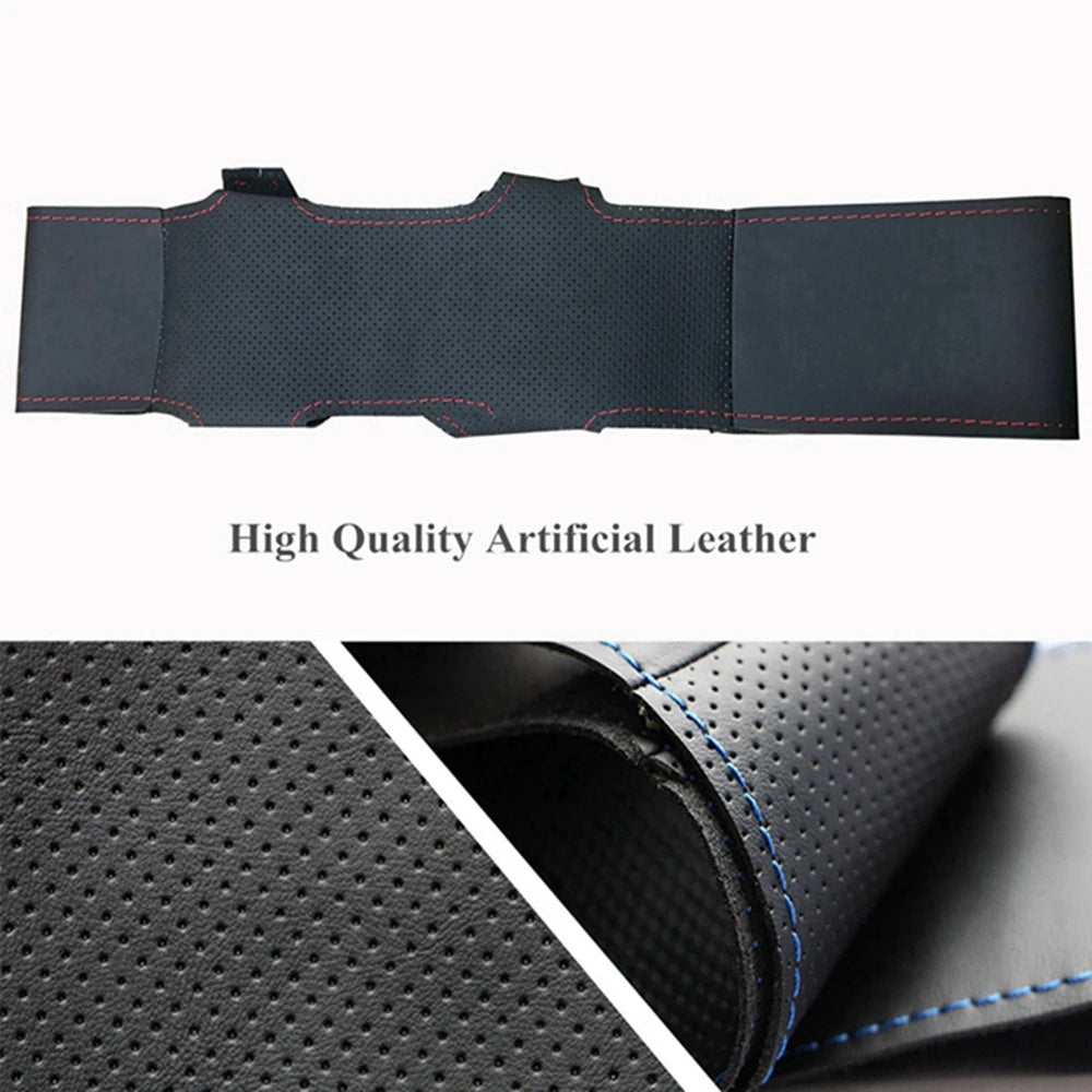 Black leather steering wheel cover with red stitching for BMW E36, E46, E39 vehicles.