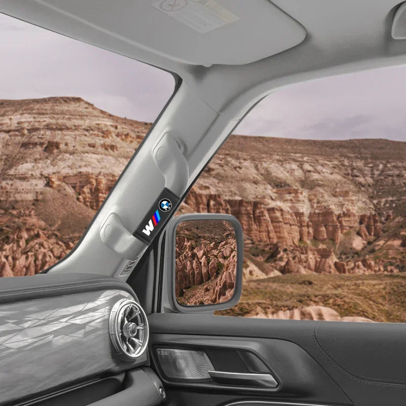 "BMW M-Style Roof Handle Grip Cover with interior pull strap."