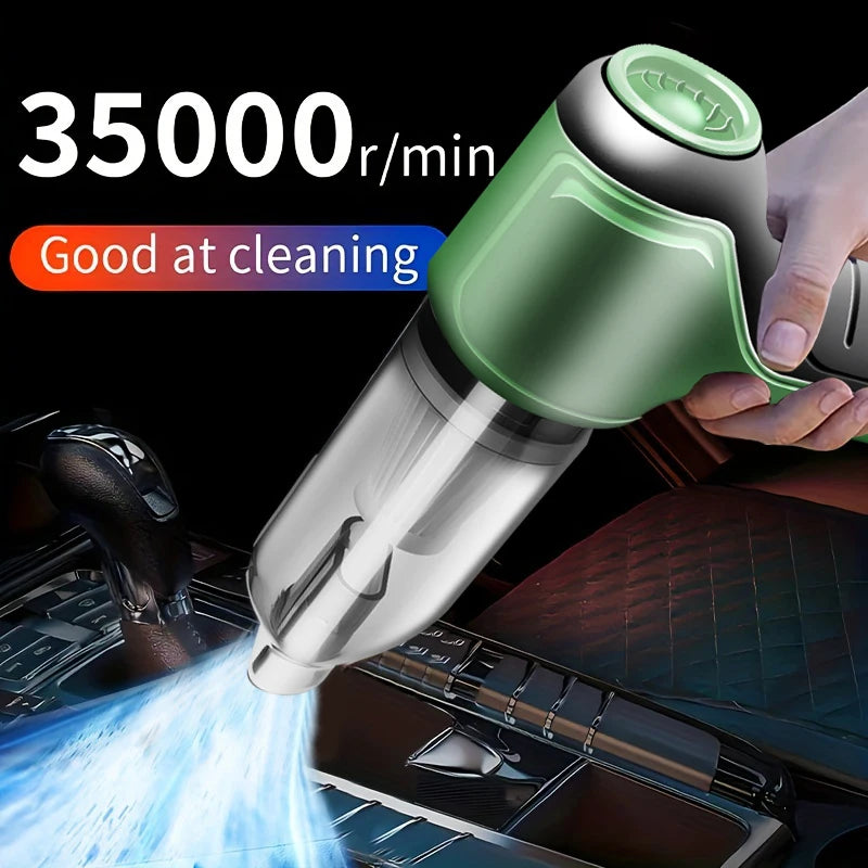 Person using handheld car vacuum cleaner, not shown. Effectively removes dust and debris with powerful suction and blowing fu