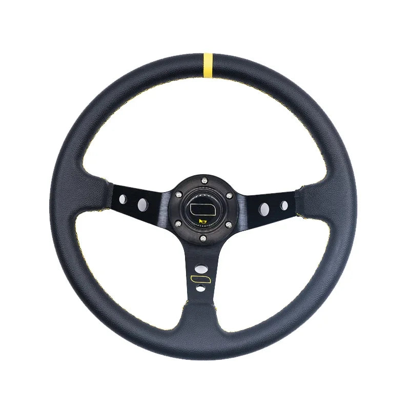 "14-inch universal corn racing steering wheel with black leather-wrapped spokes and aluminum frame in yellow and black."