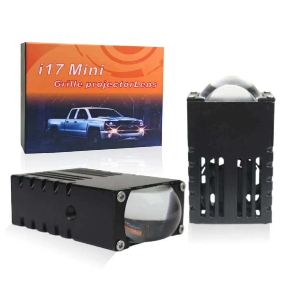 'Mini car headlight kit: 2 pairs with 5500K/3000K projector lenses in sealed box - upgrade your ride lighting.'