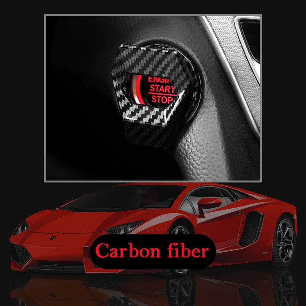 'Car engine start/stop button cover in red, mimicking carbon-fiber aesthetic. Fits standard OEM dimensions.'
