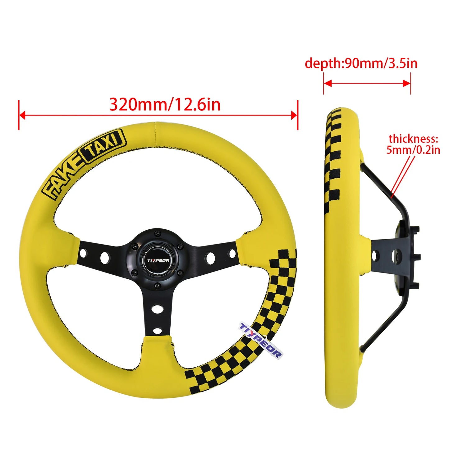 'TIYPEOR 13" embroidered steering wheel in black and white checkered pattern. Fits JDM-style vehicles. Yellow accents.'