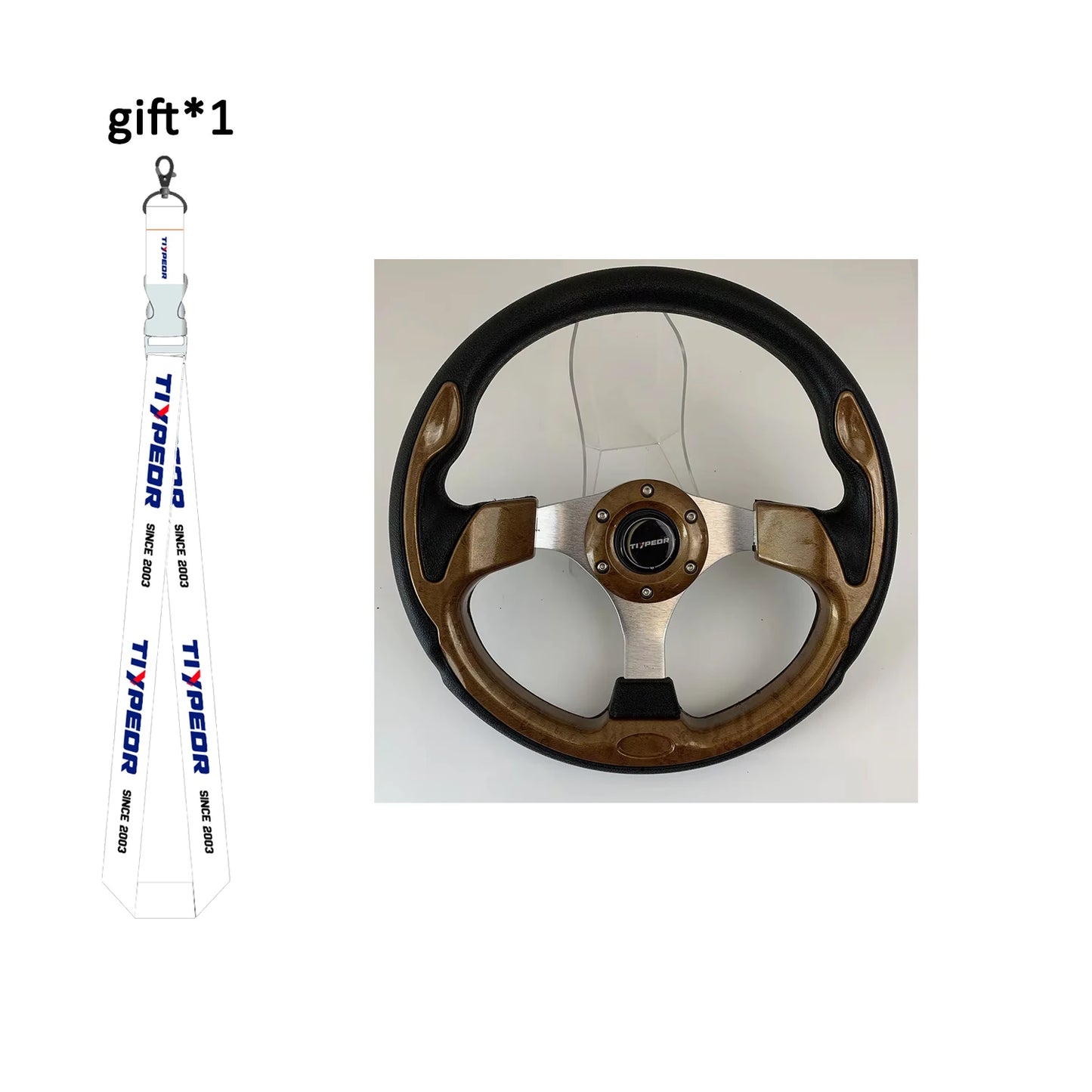 13-inch universal fit racing style steering wheel with white and black leather cover.