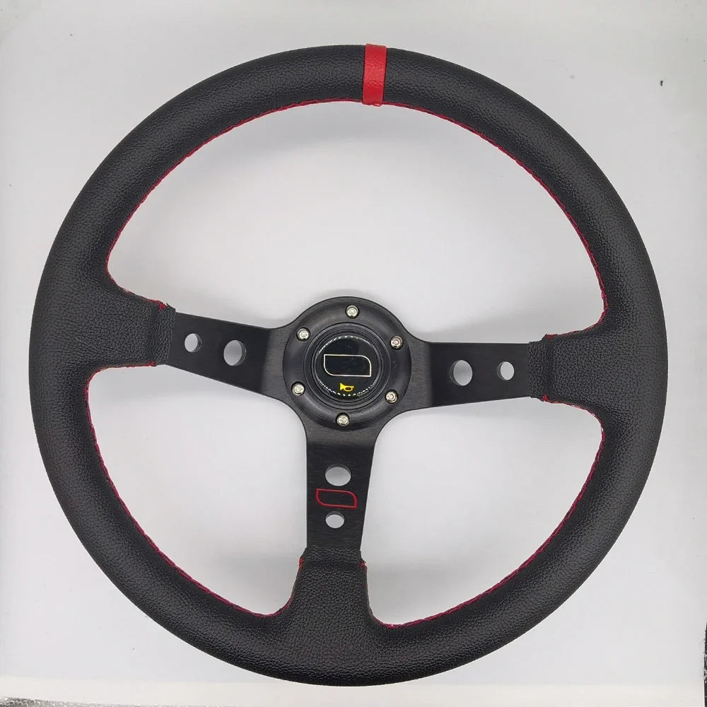 Red-stitched Universal racing steering wheel with suede/PVC/PU grip and aluminum frame.