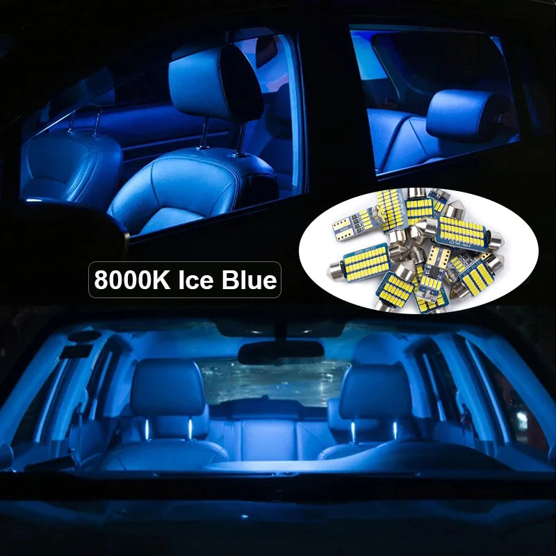 The BMW 3 Series LED Interior Light Kit (1990–2013) features bright 8000K ice blue Canbus LEDs, showcasing vivid lighting and a distinctive color for your car's interior.