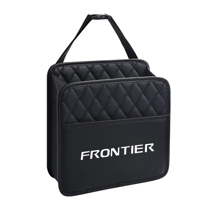 Black-and-white car cooler bag with storage organizer, fits front seats. Product dimensions: [width x depth x height]. Materi