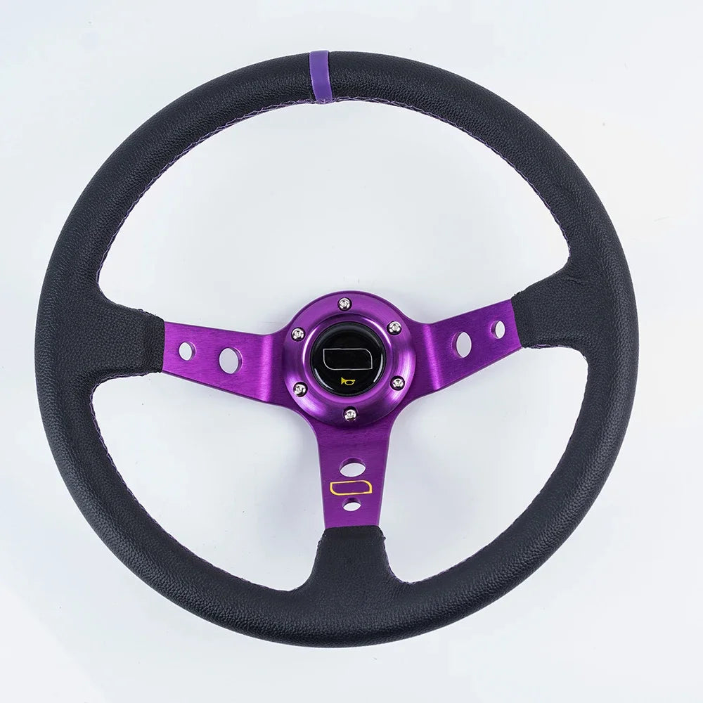 "Universal 14-inch racing wheel with suede-PVC-PU grip and aluminum frame, featuring a purple spokes."