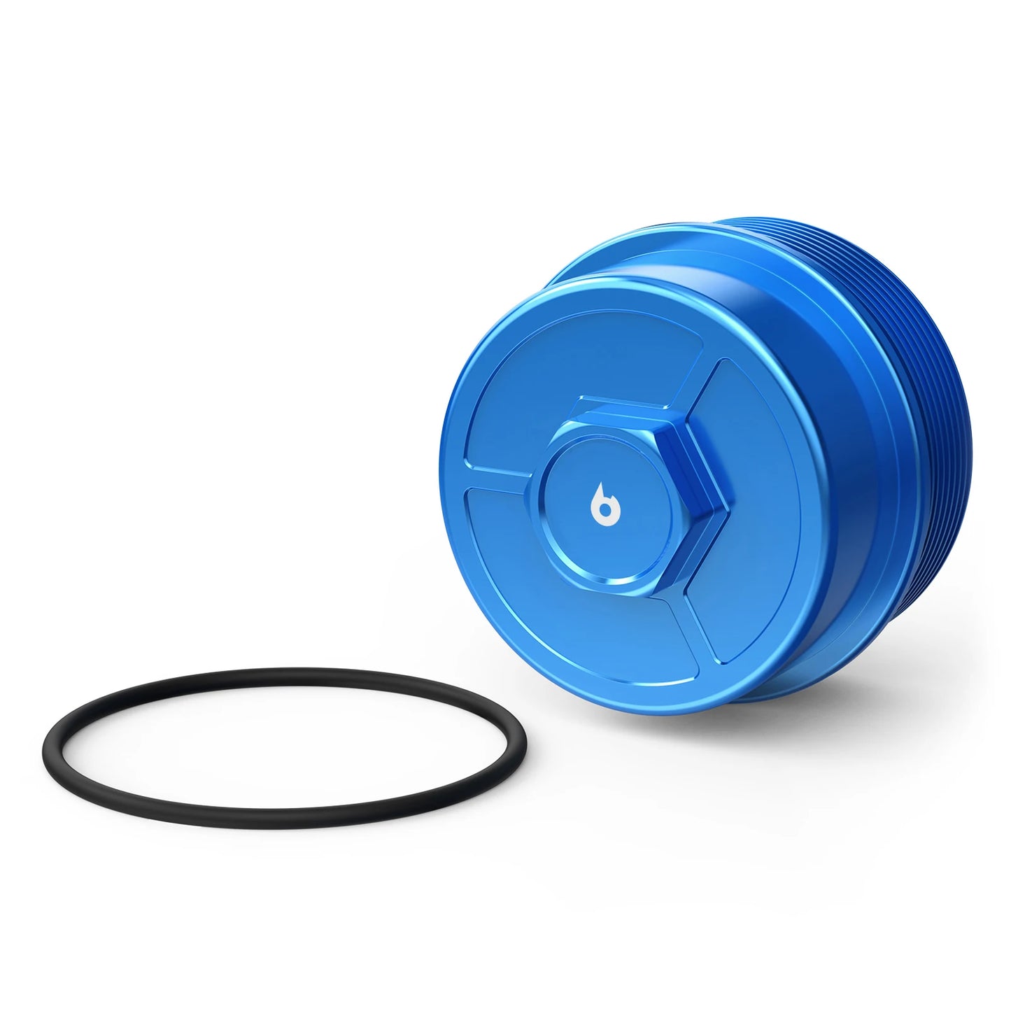 Blue plastic oil filter cap with attached black O-ring for BMW models M52/M54 (E46, E39, E36, Z4).